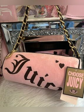 NWT Y2K Vintage 2007 Juicy Couture Pink Velour Brown Leather Tootsie Barrel Bag